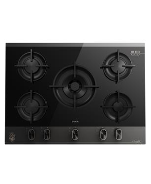 PIANO COTTURA A GAS 70cm 5 FUOCHI GRIGLIE IN GHISA VETRO NERO PROFILI CHAMPAGNE