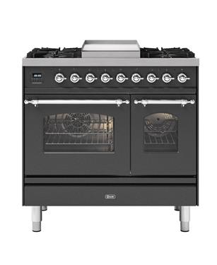 CUCINA NOSTALGIE 90cm DOPPIO FORNO ELETTRICO E PIANO COTTURA 6 FUOCHI FRY TOP NERO OTTONE