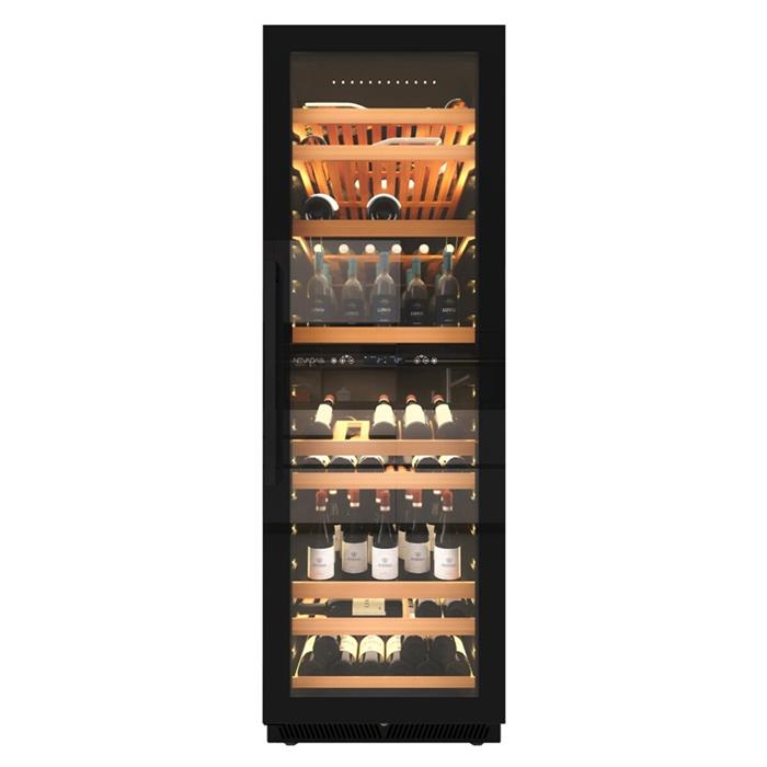 CANTINA VINI 2 TEMPERATURE 150 BOTTIGLIE 180cm CLASSE G NERO FULL GLASS MANIGLIA NERA